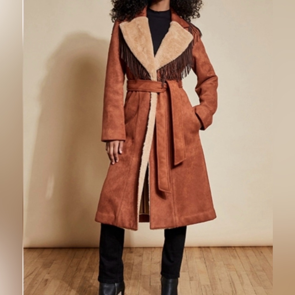 Anthropologie Brown And Cream Fringe Coat, Med